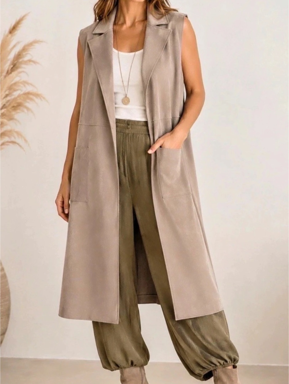 Magaschoni Faux Suede Notch Lapel Vest Brown Large